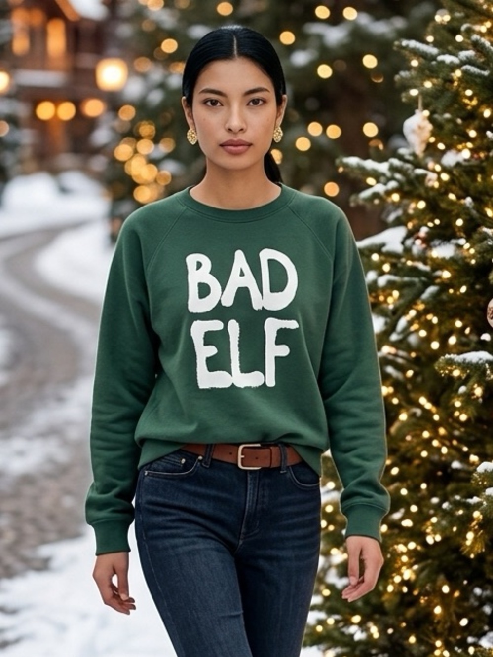NWOT Wallflower Women’s Green Graphic Sweatshirt “Bad Elf” Holiday Christmas - M